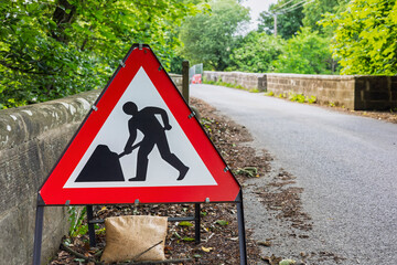 Roadworks Ahead Sign for Bridge Repair on a Country Lane © Tosh Lubek