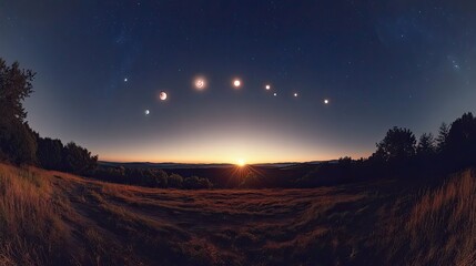 Moon Phases Over Serene Sunset Landscape