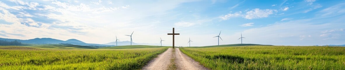 A cross is in the middle of a field with windmills in the background
