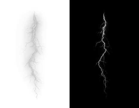 Dramatic lightning strike and thunder overlay with electric storm energy. Powerful weather effect ideal for dramatic nature scenes and designs. Isolated PNG background.	