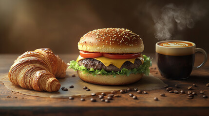 Delicious burger with cheese and lettuce on wood table, beside hot latte with art and coffee beans.
