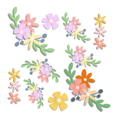 Charming scattered pastel flowers with delicate leaves.
