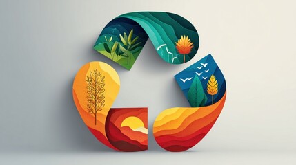 Circular Economy Concept A sleek graphic representation of a circular economy showcasing a series of interconnected leafformed charts. Each leaf displays a different aspect of sustainable