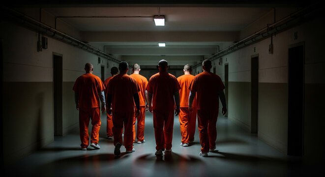 A group of prisoners in bright orange uniforms walk down a dimly lit prison corridor. Concept of punishment for crime, imprisonment. Focus on the correctional system.