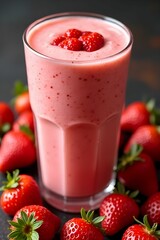 Refreshing glass of strawberry smoothie. Healthy, appetizing, and summery vibe. Perfect for food blogs, nutrition articles, beverage advertisements, or recipe content.