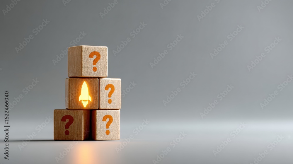 Poster set of wooden blocks with question marks and glowing rocket icon