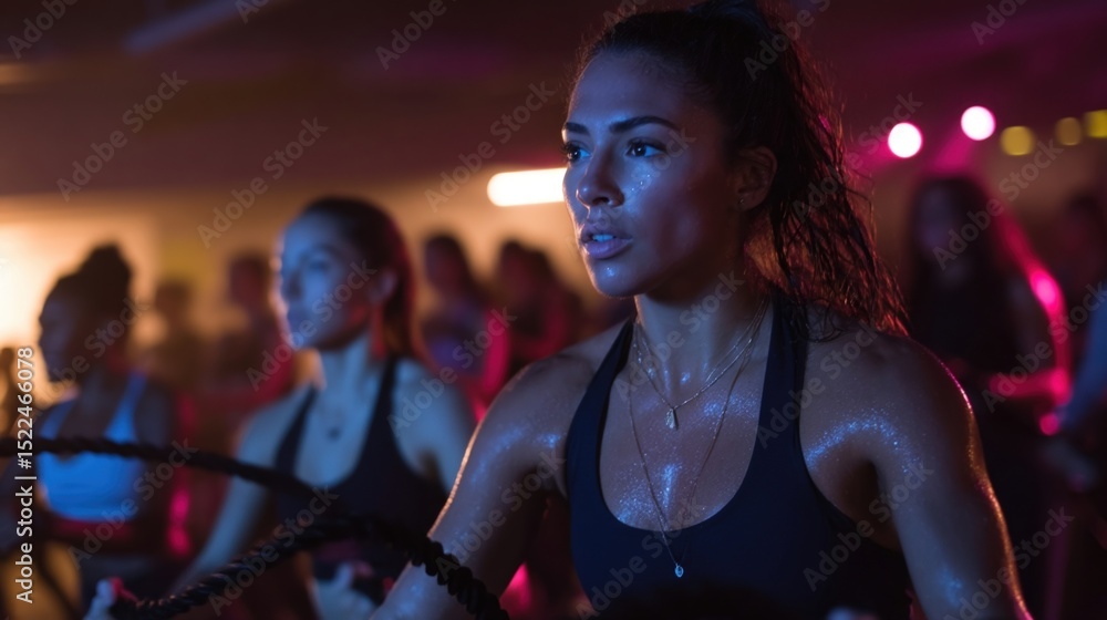 Poster under bright studio lights an instructor leads a highenergy class voices blending with the swish of 