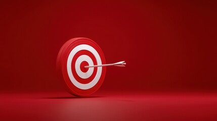 Dart hitting bullseye red and white target with red background