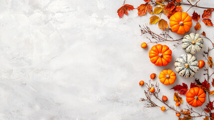 Festive autumn arrangement with small pumpkins, berries, and colorful leaves on textured background.