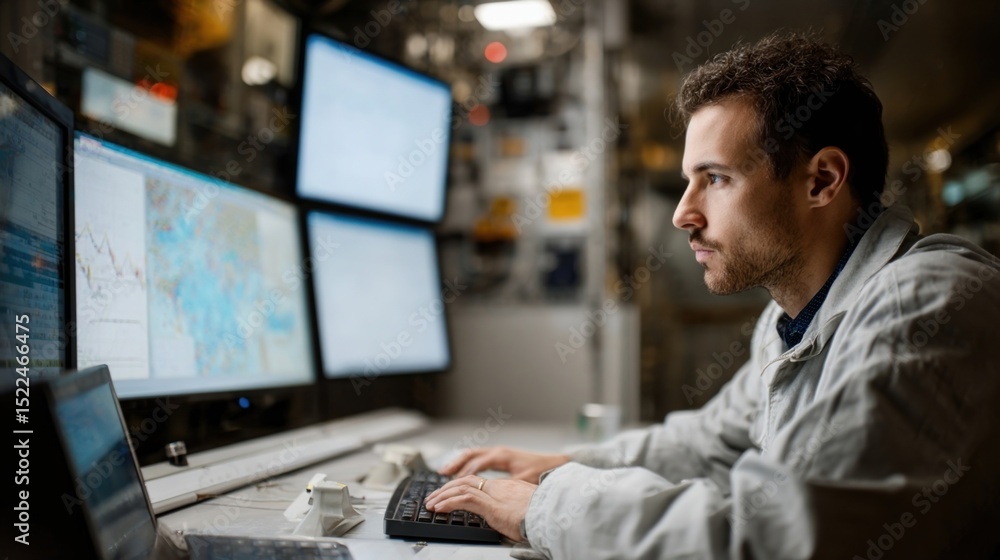 Poster industrial engineer wearing lab coat working on computer keyboard at desk in control room with multi