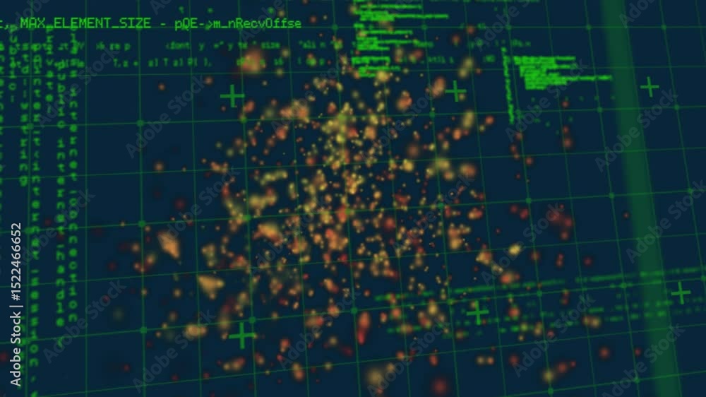 Poster at startup glowing particle cluster expanding, swirling, code panels shifting showing data flow
