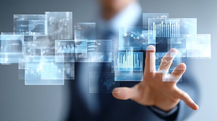 Business analytics, interface interaction and futuristic data visualization concept