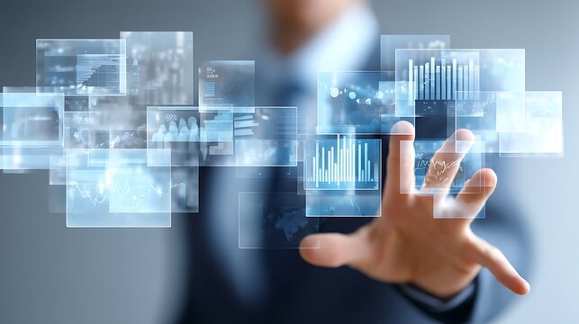 Business analytics, interface interaction and futuristic data visualization concept - Powered by Adobe