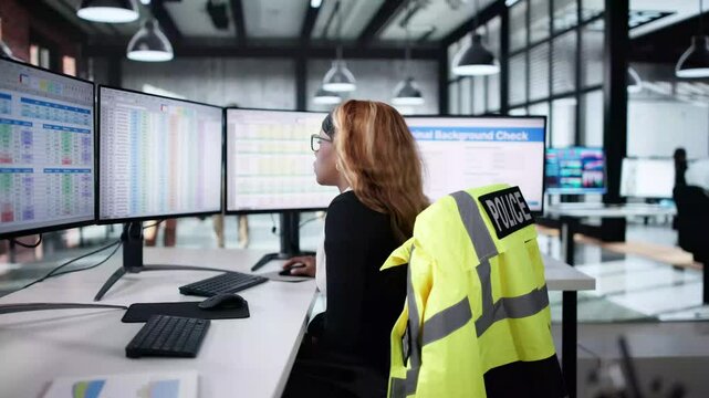 Police Woman In Call Center Office Room