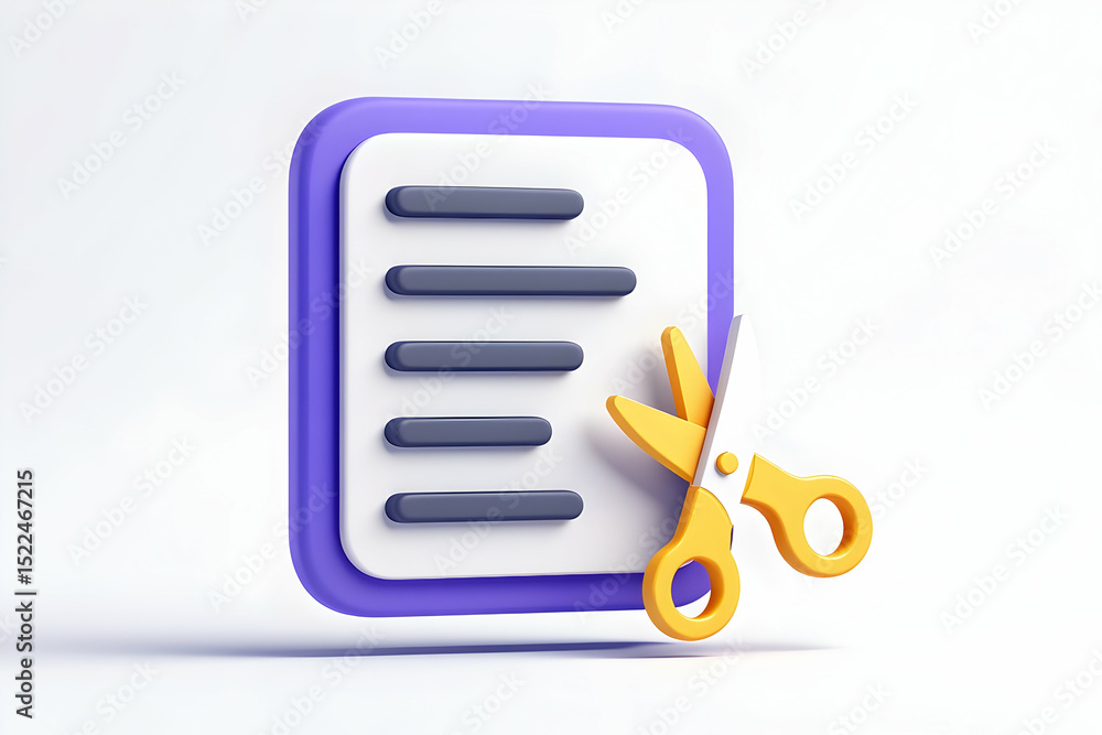 Poster 3d render of a document icon with scissors ready to cut or edit