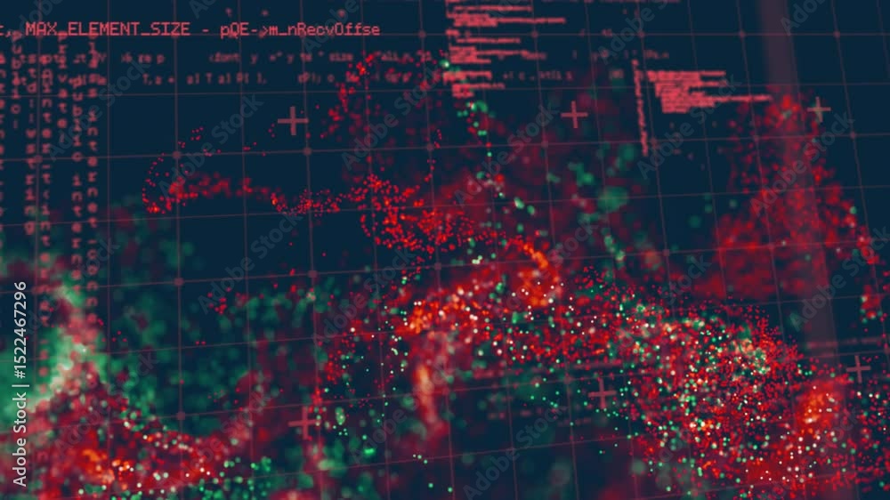 Poster cluster brightening pulsing sweeping gridlines with code streams visualizing red green data flow