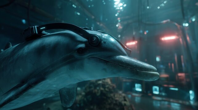 Cybernetic Dolphin in Futuristic Setting: An Exploration of Marine Technology - Powered by Adobe