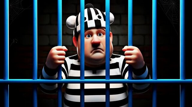 Cartoon Prisoner Behind Bars Animated Jail Scene Illustration