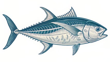 A vintage-style scientific rendering of a tuna fish with clear anatomical detail, set on a transparent background to evoke timeless educational diagrams.