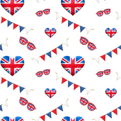 Obraz premium Seamless pattern. Festive collection of hand-painted watercolor elements with British symbols. Hearts, flags, confetti ribbons and festive garlands.