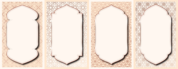 Islamic greeting card collection golden luxury 3d style with arabic pattern for poster, holiday cover, banner vector