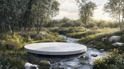 Circular concrete platform in a tranquil forest setting.