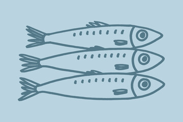 Three sardines naive marine sketch vector illustration

