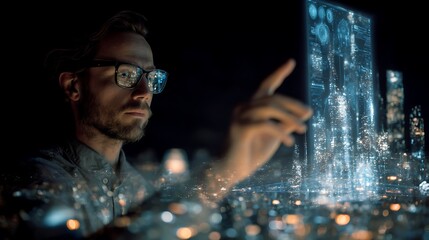Futuristic visionary interacts with a holographic smart city interface