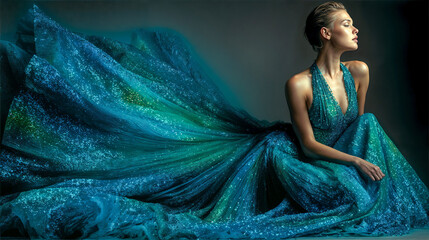 Elegant Woman in Flowing Blue-Green Gown