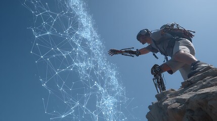 Augmented hiker reaching for data network connection on a mountain top