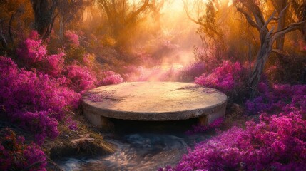 A circular concrete structure surrounded by vibrant pink flowers in a sunlit forest.