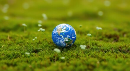 Earth globe on moss symbolizing environmental conservation and sustainability