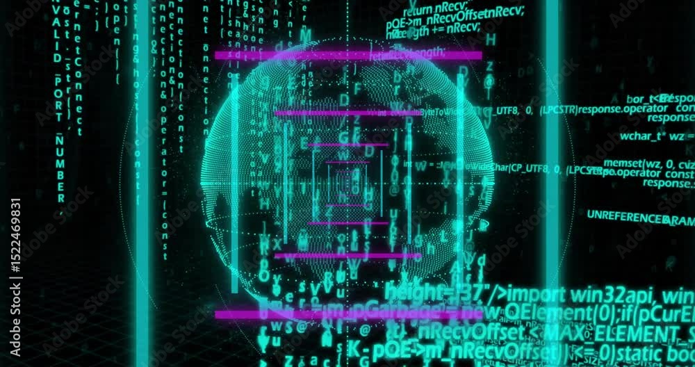 Poster wireframe globe appearing rotating as bars fading and code streaming orbiting it showing data flow