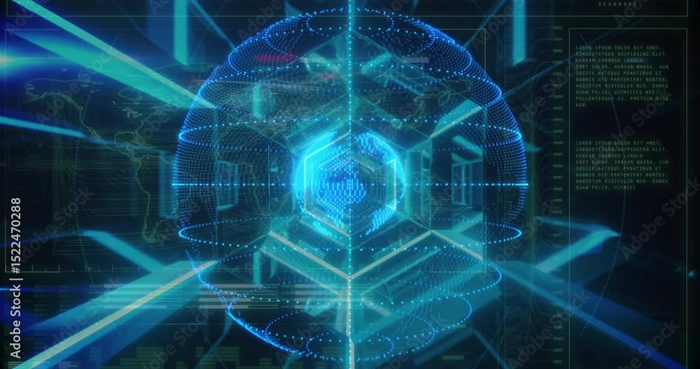 Poster blue points forming sphere, core emerging rings rotating panels animating aligning for data viewing
