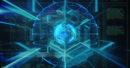 Blue points forming sphere, core emerging rings rotating panels animating aligning for data viewing - Powered by Adobe