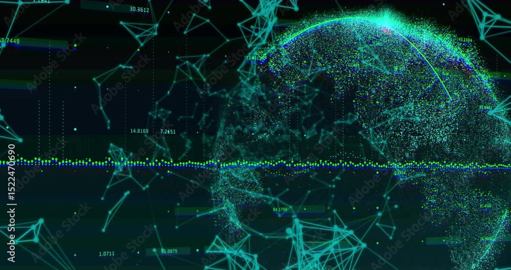 Poster Teal mesh fragments floating, data points forming globe while visualizing data and waveform pulsing