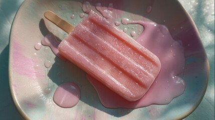 Obraz premium Pink Popsicle Melting on a Colorful Plate with Dripping Juice in Soft Sunlight