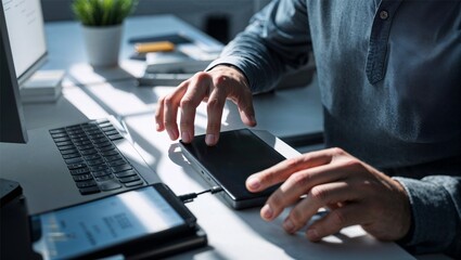 Close-up of a person's hands connecting and using a black external hard drive at a modern desk with a keyboard, smartphone, and sunlight casting shadows