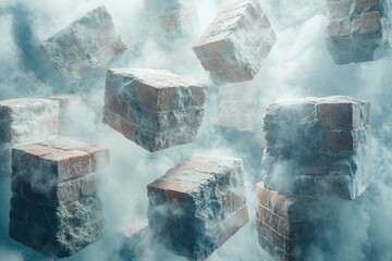 Dusty, crumbling brick cubes float in a smoky, ethereal scene.