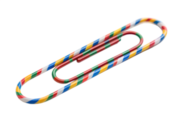 Colorful striped paperclip close up view isolated on transparent background