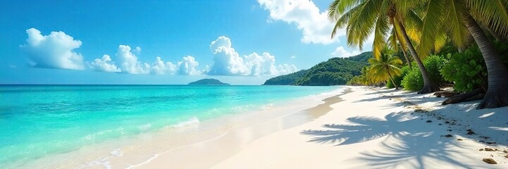 Obraz premium Sun-drenched white sand beach, turquoise water gently lapping the shore, lush tropical vegetation in the background Perfect for travel, vacation, or summer themes , wave, coast, sun