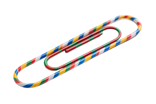 Colorful striped paperclip close up view isolated on transparent background