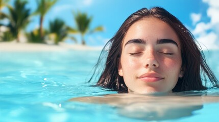 Serene Moment in a Pool, young woman with dark hair, eyes closed, basking in sunlight, gentle water waves, palm trees and blue sky blurred in background