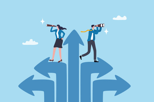 Vision to see success direction in uncertainty, change or leadership to make decision, planning or discovery challenge, search for opportunity, businessman woman look through telescope and spyglass.