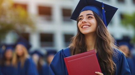 Joyful Graduate Celebrating Achievement, young woman in blue gown and cap, holding red book, smiling on college campus with graduates behind