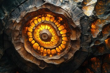Fototapeta premium Intricate wooden spiral with glowing amber accents, resembling a geological cross-section.