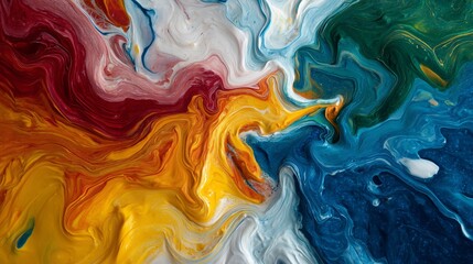 Abstract painting shows vibrant fluid art swirling gently. Soft lighting highlights colors. AI generated.
