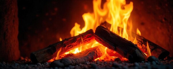 Close-up shot of a roaring fire burning intensely in a fireplace, embers glowing brightly against the dark background Perfect for themes of warmth, comfort, energy, and power , home, glow, bonfire