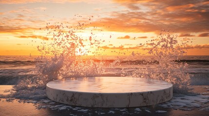 Marble pedestal at the beach during sunset with splashing waves.