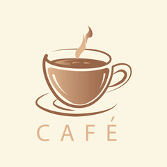 Minimal coffee cup logo with steam in soft brown tones, elegant café branding design perfect for coffee shop signs, menus, or modern beverage packaging visuals.